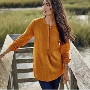 J.Jill Mustard Yellow Textured Pintuck Split Neckline Tunic Blouse Size Medium